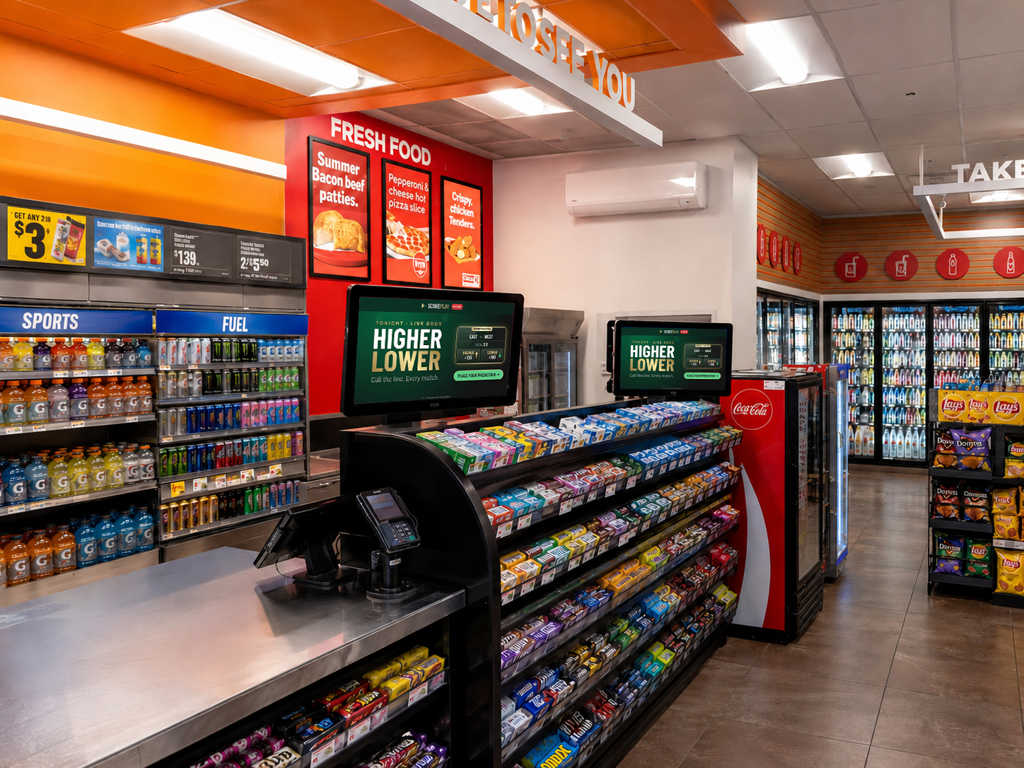 Interior of a Circle K convenience store with Adapt Media digital screens running live betting graphics at the checkout counter.